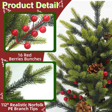 2 Pack 24 Inch Tabletop Small Christmas Trees with Lights Timer Full PE Pine Artificial Mini Christmas Tree Realistic-Feel Tips Red Berries Pinecone Stable Base Christmas Decorations Indoor Xmas Home