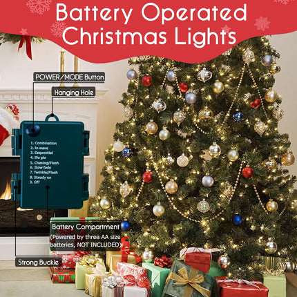 Battery Operated Christmas Lights - Christmas Tree Lights 50 LED Mini Lights Battery Operated String Lights with Auto Timer 8 Modes Wreath Lights for Christmas Tree Wreath Party, Warm White