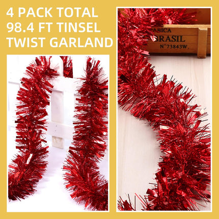 100 FT Red Tinsel Garland Christmas Halloween Tinsel Garland Decorations Metallic Tinsel Twist Garland for Christmas Tree Year Holiday Birthday Party Decorations (3.54" x 50', Red)