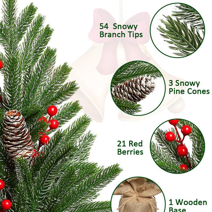 Tabletop Christmas Tree 19 Inch Artificial Mini Christmas Tree Non-Lit Snowy Small Christmas Tree with Pine Cones Red Berries for Christmas Holiday Mantle Table Top Home Indoor Decor