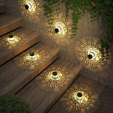 2 Pack Solar Fence Lights Solar Outdoor Wall Lights Metal Solar Powered Deck Lights Sun Moon Theme Waterproof Fence Solar Light