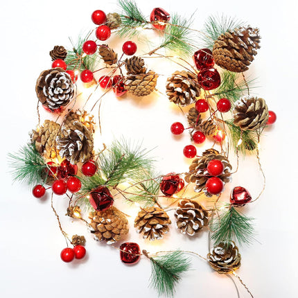Christmas Garland Decoration with Lights, 7FT 20LED Christmas String Lights, Xmas Pine Cone Red Berry Bell Lights Battery Operated Indoor Outdoor Christmas Tree Year Holiday Party Decorations