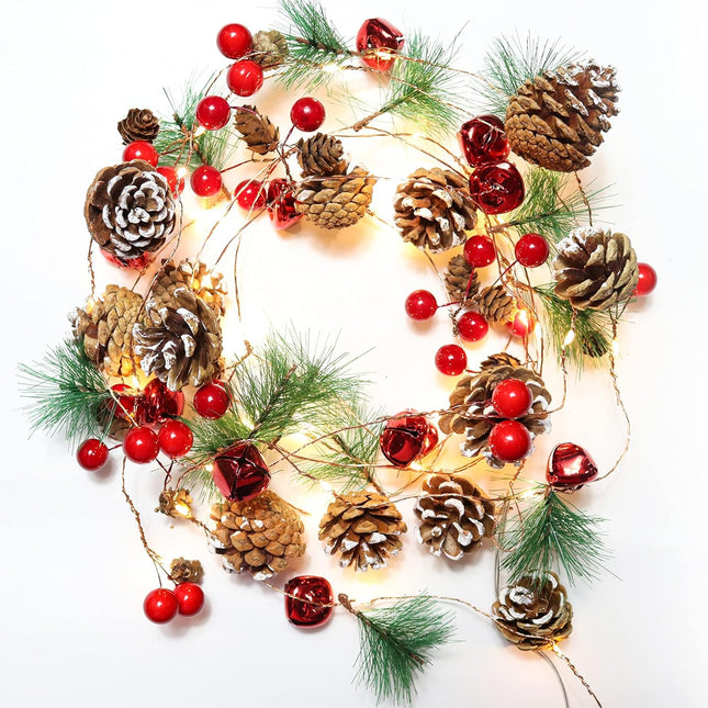 Christmas Garland Decoration with Lights, 7FT 20LED Christmas String Lights, Xmas Pine Cone Red Berry Bell Lights Battery Operated Indoor Outdoor Christmas Tree Year Holiday Party Decorations