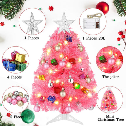 20 Inch Tabletop Mini Christmas Tree Set with LED Lights Artificial Small Christmas Tree DIY Christmas Decor Christmas Tree Ornaments Balls, Star Treetop for Home Indoor Table Desk (Pink)