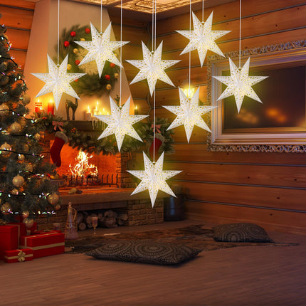 Retisee 12 Pcs 14in Christmas Paper Star Lantern Star 7 Pointed Light Snowflake Ceiling Lantern Moroccan Paper Star with 12 LED Light for Xmas, Wedding, Holiday Birthday Party Celebration(White)
