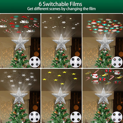 Star Christmas Tree Topper Lighted with 6 Projection Modes - Spark Christmas Decorations Treetop LED Rotating Glitter Decor(Silvery)