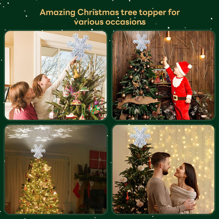 Christmas Tree Topper Lighted Star Tree Topper with Rotating Snowflake Projector Lights, LED Silver Snowflakes Tree Topper for Xmas Tree Decorations (Silver Snow)
