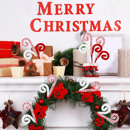 Sggvecsy 6 Pcs Christmas Tree Decoration Candy Cane Woolen Bells Candy Shape Christmas Tree Picks Lollipop Candy Curly Pick Ornaments Xmas Tree Topper for Vase Filler Home Office Decor (Red)