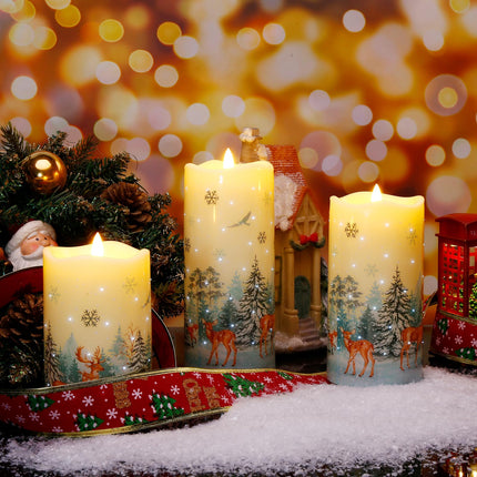 Eywamage Forest Deer Fiber Optic Flameless Pillar Candles with Remote, Flickering Christmas LED Battery Candles Set of 3