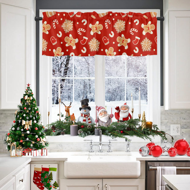 Christmas Valances for Windows Gingerbread Man Christmas Kitchen Curtain Valances Rod Pocket Snowflake Red Window Curtain Treatment Short Topper Curtains Seasonal Valance Christmas Decor, 42x18 Inch