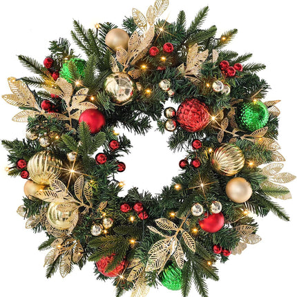 28’’ Pre-Lit Artificial Christmas Wreath Battery Operated 35 LED Lights with Gold, Green, and Red Ornaments, Glittering Gold Leaf Steams for Front Door, Xmas Wreath for Holiday Christmas Decorations