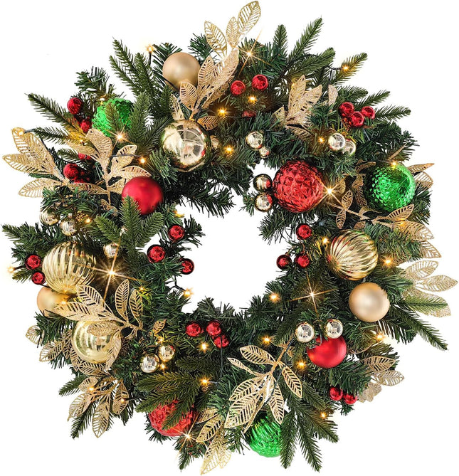 28’’ Pre-Lit Artificial Christmas Wreath Battery Operated 35 LED Lights with Gold, Green, and Red Ornaments, Glittering Gold Leaf Steams for Front Door, Xmas Wreath for Holiday Christmas Decorations