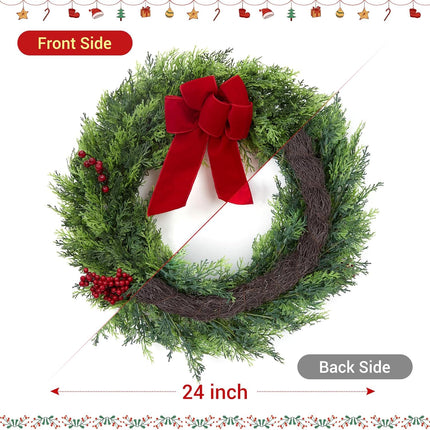 Christmas Wreaths for Front Door, 24 Inch Large Outdoor Christmas Wreath with Berries Velvet Bow, Winter Artificial Cypress Wreath Xmas Wreath for Indoor Window Wall Fireplace Holiday Decor