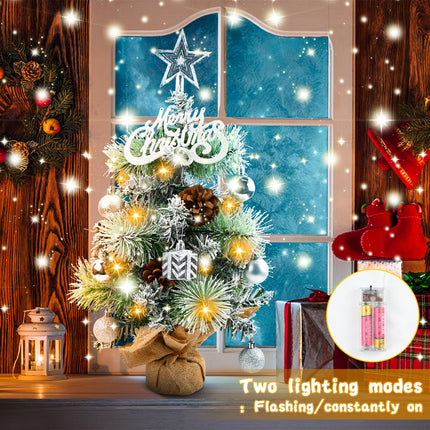 Mini Christmas Tree with Lights，22" Small Christmas Tree with Lights, Startree Topper, Merry Christmas Alphabet, Pine Cones, Hanging Balls for Tabletop, Xmas Decor