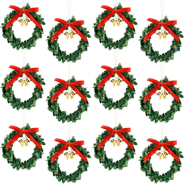 Syhood 12 Pieces Christmas Wreaths with Gold Bells Christmas Pine Wreaths for Front Door Christmas Holiday Indoor Home Decor (Classic Style,3.15 Inches)