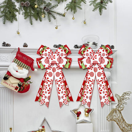 Hotop 2 Pcs Christmas Bow Wreath Bow Xmas Sweet Candy Wreath Burlap Bow Winter Door Wall Decor Red and Green Christmas Tree Topper for Indoor Outdoor Xmas Party Decoration, 18 x 10 Inch