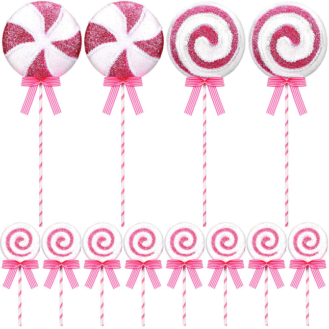 Wettarn 12 Pieces Christmas Tree Picks Christmas Candy and Lollipop Pick Striped Christmas Decorations Candy Tree Topper for Xmas Tree Craft Home Holiday Party Decor (Pink)