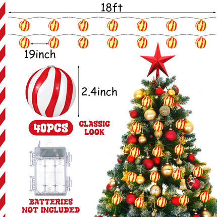 20ft Outdoor Christmas String Lights with 40 Bulbs Red and White Christmas Lights Decorations Christmas Tree Hanging Glitter Candy Ball for Christmas Party Fireplaces Front Door Stairs