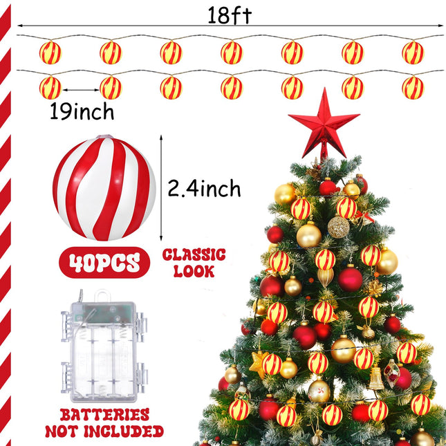 20ft Outdoor Christmas String Lights with 40 Bulbs Red and White Christmas Lights Decorations Christmas Tree Hanging Glitter Candy Ball for Christmas Party Fireplaces Front Door Stairs
