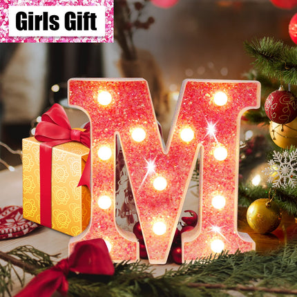 Pink Light Up Letters, Glitter Alphabet Letter Sign Pink LED Marquee Letter Lights Battery Powered for Night Light Girls Bedroom Birthday Party Wedding Home Christmas Decorations for Her-Pink B