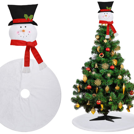 Christmas Snowman Tree Topper and Christmas Tree Plush Skirt 36 Inches Faux Fur White Tree Skirt Snowman Treetop Decor Snowman Hat for Christmas Holiday Winter Party Supplies Decoration
