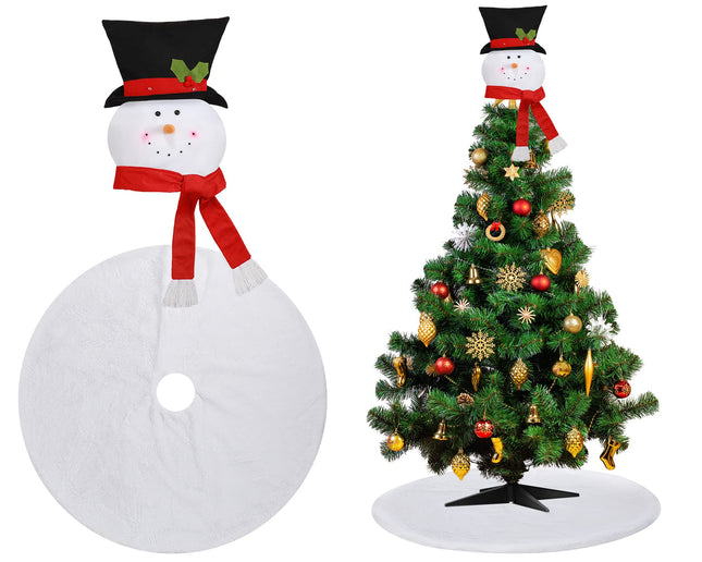 Christmas Snowman Tree Topper and Christmas Tree Plush Skirt 36 Inches Faux Fur White Tree Skirt Snowman Treetop Decor Snowman Hat for Christmas Holiday Winter Party Supplies Decoration
