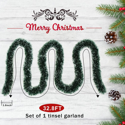 KIMOBER 32.8 Ft Christmas Tinsel Garland,Blackish Green Frost Tip Metallic Garland for Christmas Tree Xmas Party Decorations