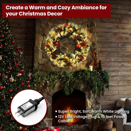 Pre-lit Christmas Wreath 28" Extra Large Christmas Wreath Artificial Deluxe Lighted Plug in Christmas Decorations Ornament with Lights Door Window Fireplace Decor 10ft Cable