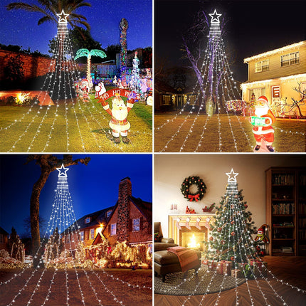 Outdoor Christmas Decoration Star String Lights,320 LED 16.4ft Christmas Lights Waterfall Tree Lights with 13" Topper Star,Plug-in Hanging Fairy Lights for Xmas Year Holiday Party