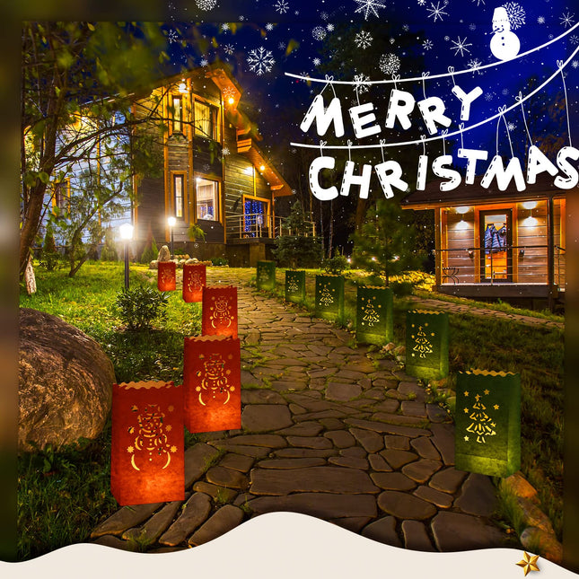 Sabary 50 Set Christmas Luminary Bags with Flameless Candles LED Tea Lights Paper Xmas Luminaries Bags Outdoor Red and Green with Tree, Snowman, Gnome Design for Christmas Party (Snowman)