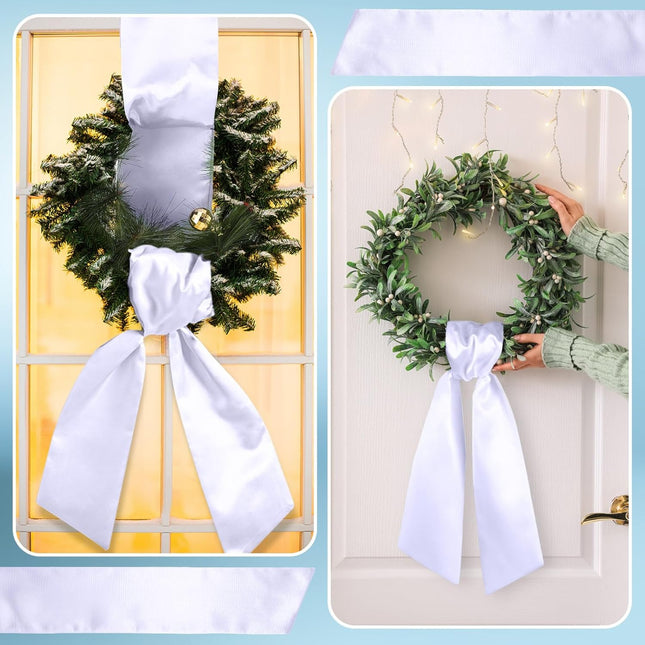 2 Pcs Wreath White Sash for Front Door Polyester Blank Wreath Plain Sash for Embroidery Monogram Wreath Accessories for Xmas Party Indoor Outdoor Decor (4.5" W X 56" L)