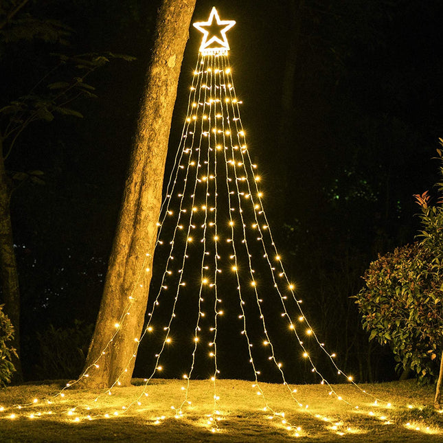 Christmas Decorations Star String Lights, 320 LEDs Outdoor Waterfall Tree Lights with 13" Topper Star, Plug in Waterproof Hanging Fairy Lights for Xmas Year Holiday Party Yard Decor (Warm White)