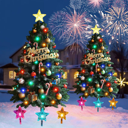 Solar Christmas Decorations Outdoor, 2 Pack 30 Inch Solar Christmas Tree Outdoor Waterproof, Artificial Pine Outdoor Christmas Trees for Yard with Christmas Ornaments, Small Christmas Tree with Lights