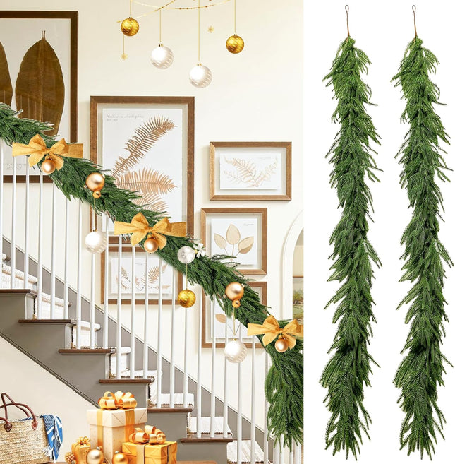 2 Pcs 6.6 Ft Artificial Norfolk Pine Garland Real Touch Pine Garland Artificial Greenery Pine Garland Realistic for Table Christmas Mantle Staircase Home Decoration Indoor Outdoor Winter Decor