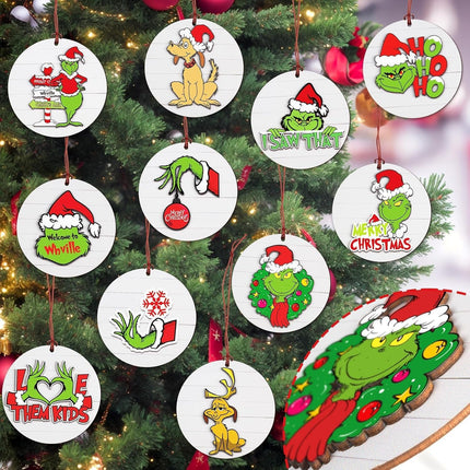 Christmas Ornaments Tree Decorations Set - 12pcs Green Wooden Round Ornaments Hanging Decorations for Christmas Tree Home Decor