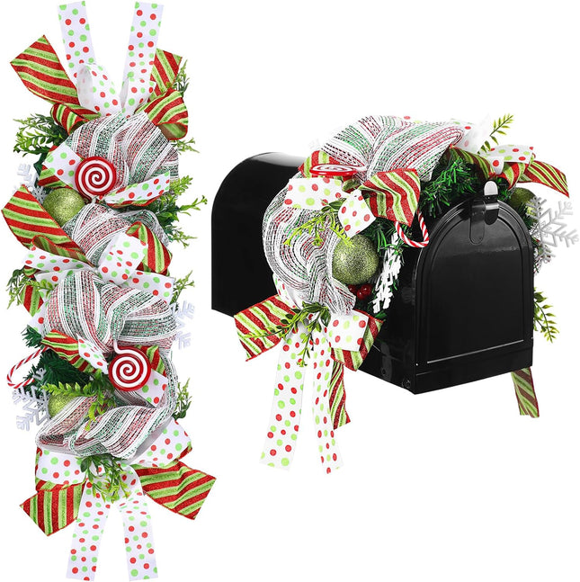 35 Inches Christmas Mailbox Swag Artificial Candy Green Red Dot Christmas Swag Wreath with Pine Needles Pinecones Berries and Bow Front Door Hanging Decoration for Xmas Fireplace