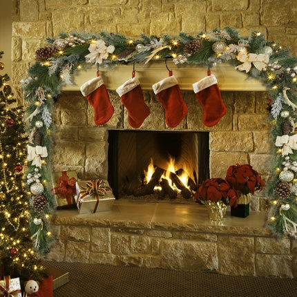 6ft Gold Christmas Garland with Lights, Lighted Xmas Garland with Stars, Flower, Berry Branches, Pre-Lit Christmas Garland Decorations for Indoor Outdoor Mantal Fireplace Banister Porch Decor
