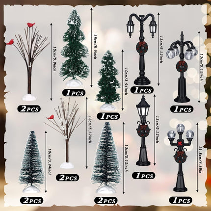 14 Pcs Christmas Accessories Village Figurine Miniature Pine Trees Snow Artificial Christmas Trees Bare Branch Trees Street Lights Lamps for Xmas DIY Crafts Winter Room Landscape (Fresh Style)