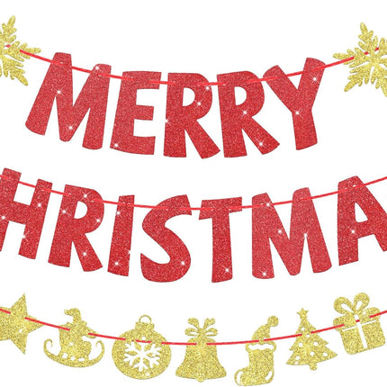 Set of 3 Pre-Strung Merry Christmas Banner Merry Christmas Garland Glitter Xmas Sign Inside Hanging Decor Outdoor Indoor Decoration for Home Holiday Party Supplies Porch(Red, Gold)