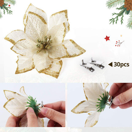 ilauke 24Pcs Gold Poinsettias Artificial Christmas Flowers, 6" Glitter Artificial Christmas Flowers with 30 Clips, for Xmas Tree Decorations Wedding Party Fireplace Stairs Decor