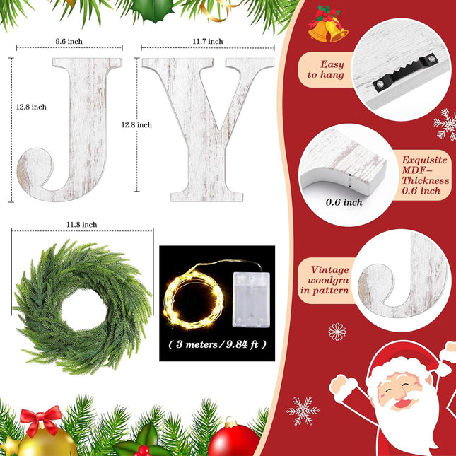 12 Inch Lighted Christmas Wood Joy Sign with Wreath LED String Lights Large Xmas Joy Letters Decor Wooden Hanging Joy Sign for Xmas Holiday Indoor Outdoor Home Wall Door Decoration(White)