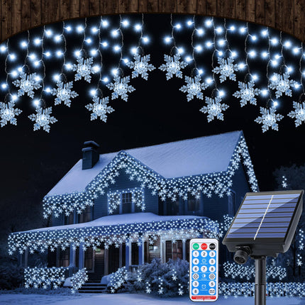 Retisee 600 LED 49.21ft Christmas Snowflake Solar Icicle Lights Outdoor Decoration Waterproof Cold White Light Fairy String LED Light with 96 Drops 8 Lighting Modes with Timer Memory Winter Holiday