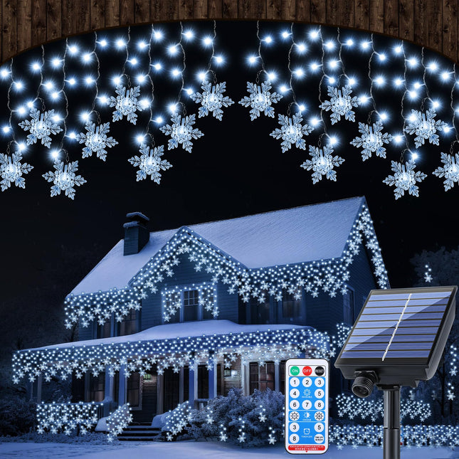 Retisee 600 LED 49.21ft Christmas Snowflake Solar Icicle Lights Outdoor Decoration Waterproof Cold White Light Fairy String LED Light with 96 Drops 8 Lighting Modes with Timer Memory Winter Holiday
