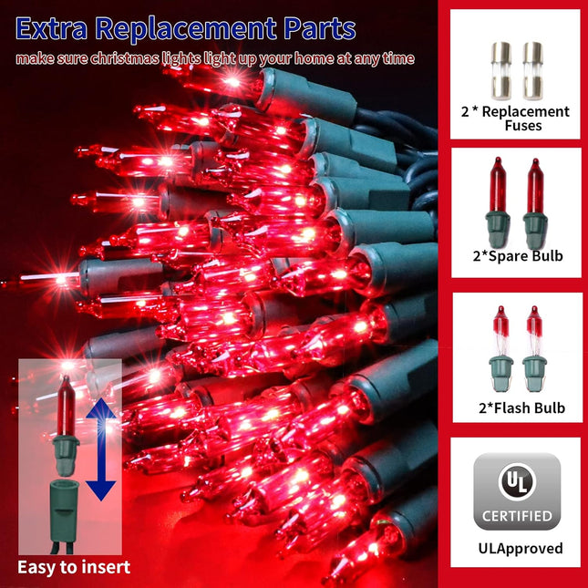 Ultra-Bright Connects End to End Red Christmas Mini Lights 100L 19.6Ft UL Listed Incandescent Bulb String Light Set for Indoor and Outdoor Holiday Garden Party Christmas Tree Garland Decor