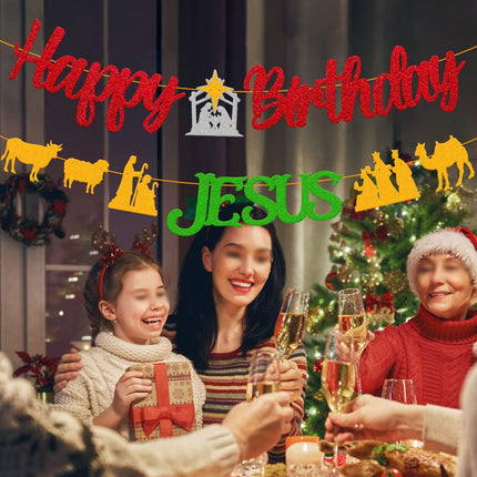 Happy Birthday Jesus Banner for Christian Winter Merry Christmas Garland Jesus's Bday Party Supplies Gold and Green Decorations