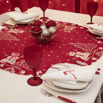 Beautifully Elegant Silver Star Topped Trees and Snowman on Red Linen Doily, Table Topper, Small Tablecloth, Table Centerpiece (34 Inch Round)