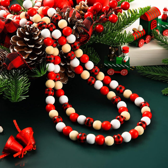 Civaner 108 Inch Christmas Wooden Bead Garland Red Buffalo Plaid Bead for Christmas Tree Hanging Farmhouse Rustic Bead with Rope Decorative Vintage Wooden Beads for Home Centerpiece Tiered Tray Decor