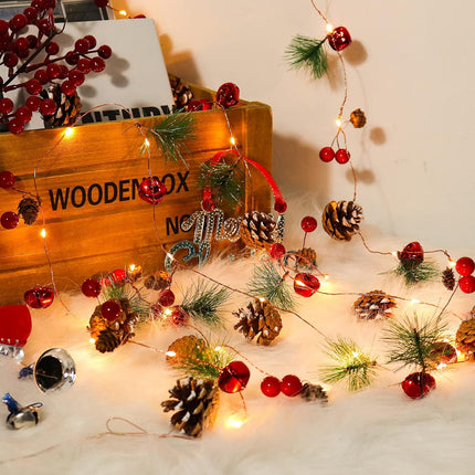 Christmas Garland Decoration with Lights, 7FT 20LED Christmas String Lights, Xmas Pine Cone Red Berry Bell Lights Battery Operated Indoor Outdoor Christmas Tree Year Holiday Party Decorations
