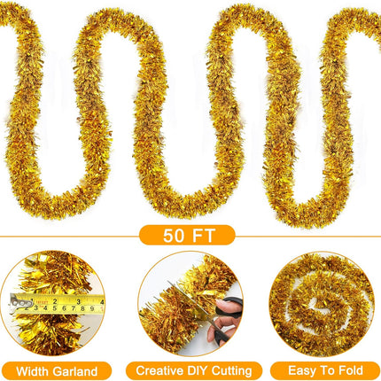50FT Christmas Decorations Christmas Garland, Gold Christmas Tinsel Garland Christmas Tinsel Twist Garland for Indoor for Xmas Tree Door Patio Disco Party Holiday Christmas Decor