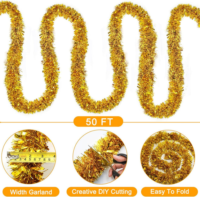 50FT Christmas Decorations Christmas Garland, Gold Christmas Tinsel Garland Christmas Tinsel Twist Garland for Indoor for Xmas Tree Door Patio Disco Party Holiday Christmas Decor